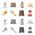 A pizza cutter, a slice, a menu in a pizzeria, a courier. Pizza and pizzeria set collection icons in cartoon,monochrome