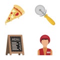 A pizza cutter, a slice, a menu in a pizzeria, a courier. Pizza and pizzeria set collection icons in cartoon style