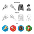A pizza cutter, a slice, a menu in a pizzeria, a courier. Pizza and pizzeria set collection icons in flat,outline