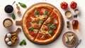 Pizza And Decorations On Wooden Plate Isolated On White Background - Generative AI Royalty Free Stock Photo