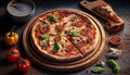 Pizza And Decorations On Wooden Plate And Table Background - Generative AI Royalty Free Stock Photo