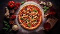 Pizza And Decorations On Wooden Plate And Table Background - Generative AI