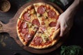 Pizza is delicious top view. A man\'s hand takes a slice of pizza