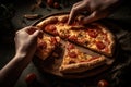 Pizza is delicious top view. A man\'s hand takes a slice of pizza