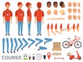 Pizza delivery animation. Fast food courier body parts with professional items box bike vector character creation kit