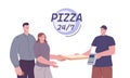 Pizza delivery around clock. Yummy fast food for young happy couple, online or card payment. Vector courier and