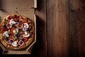 Pizza in the in delivery box on the wood Royalty Free Stock Photo