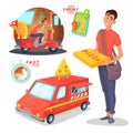 Pizza delivery cartoon illustration with van, scooter, courier character design and transportation and navigation