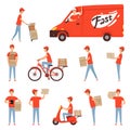 Pizza delivery characters. Van and motorcycle or moped for delivery man fast business service restaurant transport