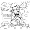 Pizza delivery chef riding a scooter. Vector black and white coloring page