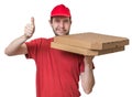 Pizza delivery concept. Young boy is delivering pizza in boxes. Royalty Free Stock Photo