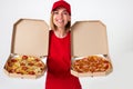pizza delivery girl showing pizza inside boxes