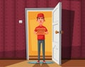 Pizza delivery guy handing pizza box on doorway. Cartoon vector illustration Royalty Free Stock Photo