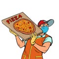Pizza delivery guy in a medical mask Royalty Free Stock Photo