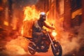 A pizza delivery guy riding a motorcycle with a giant pizza box strapped to his back, leaving a trail of flames behind him.