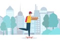 Pizza delivery guy riding skateboard over city background