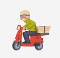 Pizza delivery guy on scooter. Smiling courier with boxes on motorbike. Isolated cartoon character on white background