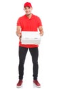 Pizza delivery latin man boy order delivering bringing full body portrait deliver box isolated on white Royalty Free Stock Photo