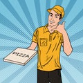 Pizza Delivery Man Holding a Pizza Box. Pop Art Royalty Free Stock Photo