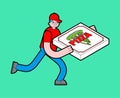 Pizza delivery run isolated. Man runs with pizza box. vector illustration