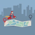 Pizza delivery service. The guy on the scooter delivers the pizza. The guy delivers food fast of charge on a scooter EPS10 Royalty Free Stock Photo