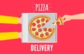 Pizza delivery service hand takes a pepperoni slice vector illustration