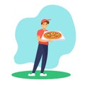 Pizza delivery service. Delivery man holding open cardboard box with pizza. Flat vector illustration Royalty Free Stock Photo