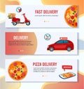 Pizza delivery vector illustration, cartoon flat mobile app banner set with pizza online order in pizzeria, free