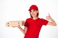 pizza delivery woman with pizza boxes showing thumbs up Royalty Free Stock Photo