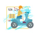 Pizza delivery. A young man rides a scooter. Template of advertising poster or flyers. Royalty Free Stock Photo