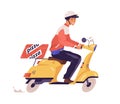 Pizza deliveryman ride on scooter vector flat illustration. Male courier express delivering pizzeria order isolated on Royalty Free Stock Photo