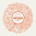 Pizza design template. Hand drawn vector fast food illustration. Sketch style vintage Italian pizza background.