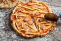 Pizza with different toppings. Italian pizza with different sorts of cheese, vegetables and meat on old wooden background close up Royalty Free Stock Photo