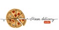 Pizza doodle, sketch vector banner, background, poster. One continuous line art drawing banner with text pizza delivery