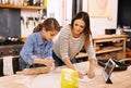 Pizza, dough and child with mom in kitchen and tablet with recipe, guide and learning from online tutorial. Cooking Royalty Free Stock Photo