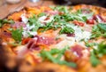 Pizza with dry cured ham and arugula Royalty Free Stock Photo