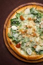 pizza with egg and green vegetarian salad. Royalty Free Stock Photo