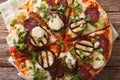 Pizza with eggplant, salami, corn and mozzarella close up. horiz Royalty Free Stock Photo