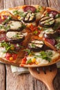 Pizza with eggplant, salami, corn and mozzarella close up. verti Royalty Free Stock Photo