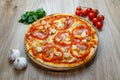 Pizza exotic, ham, red sauce, cheese, pineapple top angle Royalty Free Stock Photo