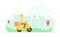 Pizza Express Delivery Service, Male Courier in Uniform Delivering Food with Yellow Motor Bike Flat Vector Illustration