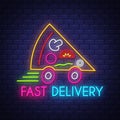 Pizza fast delivery - Neon Sign Vector on brick wall background