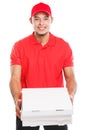 Pizza fast food delivery young latin man boy order delivering deliver isolated on white Royalty Free Stock Photo