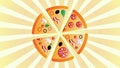 Pizza with filling on a white-orange retro background, vector illustration. a lot of pizza slice with different toppings of salami Royalty Free Stock Photo