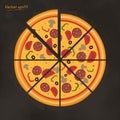 Pizza flat icon isolated on black background. Pizza piece vegetarian slice. Each pizza slice is grouped separately.