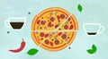 Pizza flat icon isolated on light background. Pizza piece vegetarian slice. Cups of tea, chili pepper, vitamin leaves. Set for