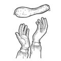 Pizza flying and pizzaiolo hands sketch vector