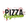 Pizza food logo or emblem for restaurant and cafe. Design with hand-drawn graphic elements in doodle style. Vector Illustration. Royalty Free Stock Photo
