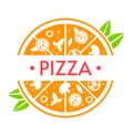 Pizza food logo for italian restaurant, vector illustration. Menu emblem design isolated on white, pizzeria symbol Royalty Free Stock Photo