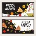 Pizza food menu for pizzeria restaurant, cartoon banner vector illustration. Italian banner set, pepperoni and cheese Royalty Free Stock Photo